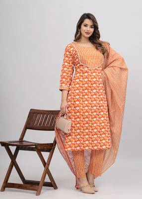 Orange cotton printed kurti 1