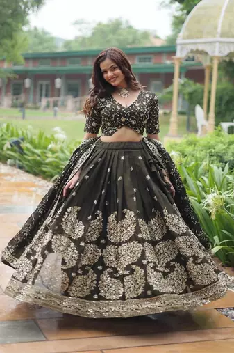 Green sequins work silk lehenga-choli