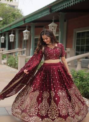 Maroon Silk Sequin Embroidered Lehenga Choli 1