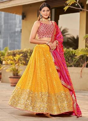Yellow and Pink Georgette Sequin Embroidered Lehenga 1