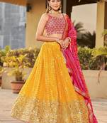 Yellow and Pink Georgette Sequin Embroidered Lehenga