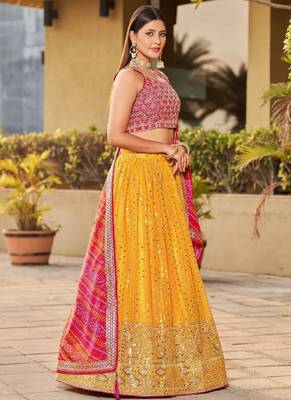 Yellow and Pink Georgette Sequin Embroidered Lehenga 2
