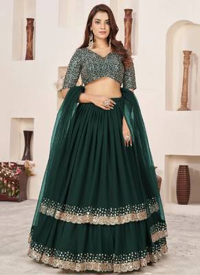 Forest Green Georgette Sequins Work Lehenga Choli 1