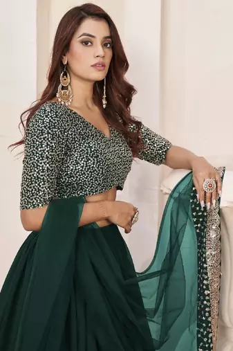 Forest Green Georgette Sequins Work Lehenga Choli