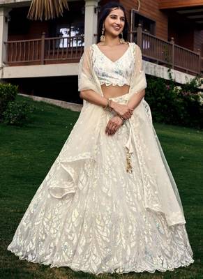 off white thread embroidery organza lehenga-choli 1