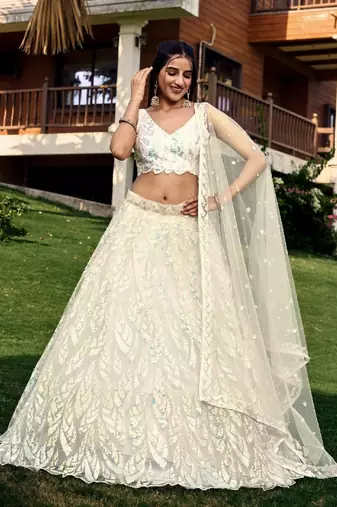 off white thread embroidery organza lehenga-choli