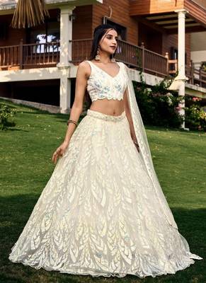 off white thread embroidery organza lehenga-choli 3