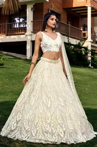 off white thread embroidery organza lehenga-choli