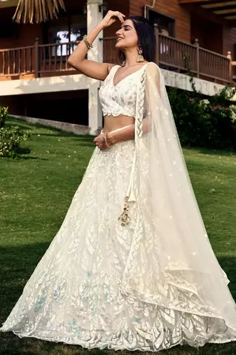 off white thread embroidery organza lehenga-choli