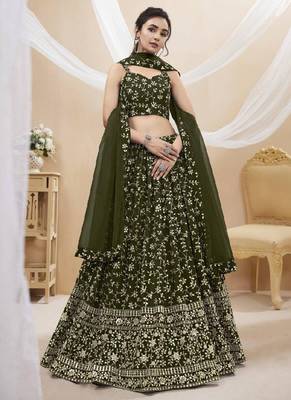 Green thread embroidery Georgette lehenga-choli 1