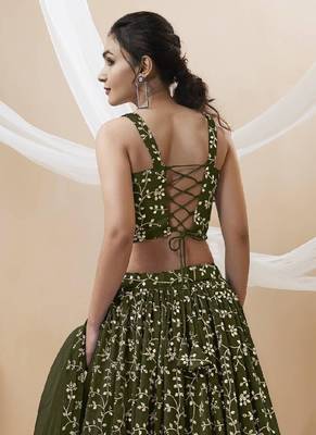 Green thread embroidery Georgette lehenga-choli 3