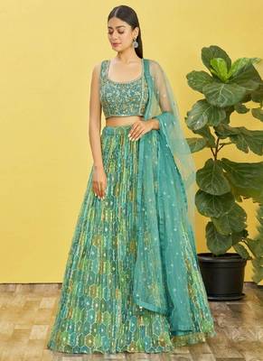 Green and Yellow Organza Sequin and Thread Embroidered Lehenga Set 1