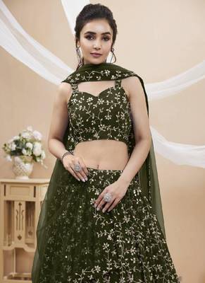 Green thread embroidery Georgette lehenga-choli 4