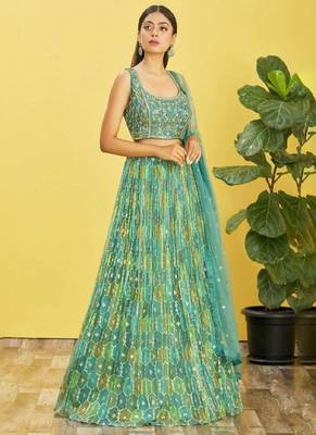 Green and Yellow Organza Sequin and Thread Embroidered Lehenga Set 3