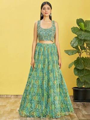 Green and Yellow Organza Sequin and Thread Embroidered Lehenga Set 4