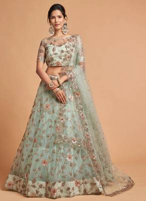 pista green thread embroidery net lehenga-choli 1