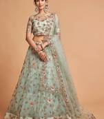 pista green thread embroidery net lehenga-choli
