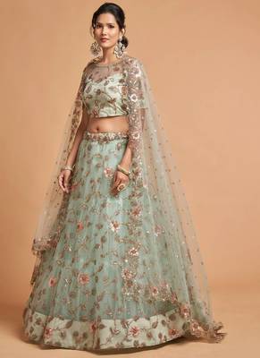 pista green thread embroidery net lehenga-choli 2