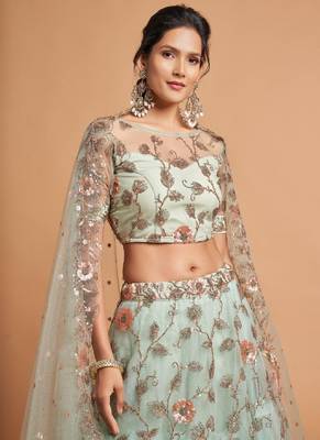 pista green thread embroidery net lehenga-choli 3