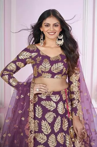Purple thread embroidery Georgette lehenga-choli