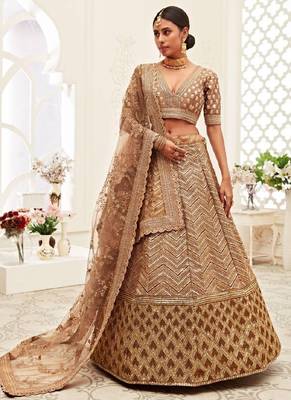 Brown Silk Threadwork Embroidered Lehnega 1