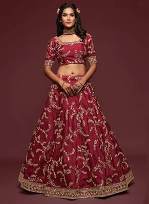 Maroon thread embroidery art silk lehenga-choli 1