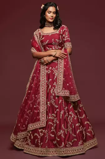 Maroon thread embroidery art silk lehenga-choli