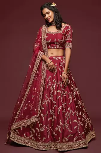 Maroon thread embroidery art silk lehenga-choli