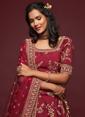 Maroon thread embroidery art silk lehenga-choli 4