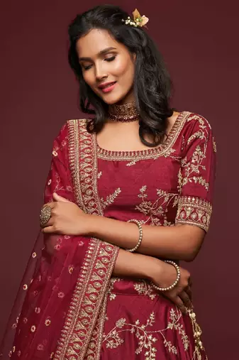 Maroon thread embroidery art silk lehenga-choli