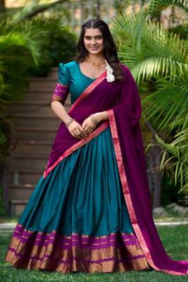 teal zari weaved cotton poly lehenga choli 1