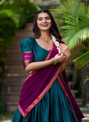 teal zari weaved cotton poly lehenga choli 2