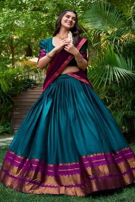 teal zari weaved cotton poly lehenga choli 3