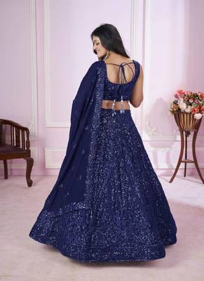 Royal Blue Net Sequin and Thread Embroidered Lehenga Choli 3