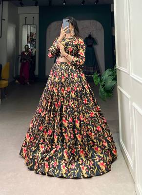 Black printed tusser silk lehenga-choli 1