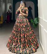 Black printed tusser silk lehenga-choli