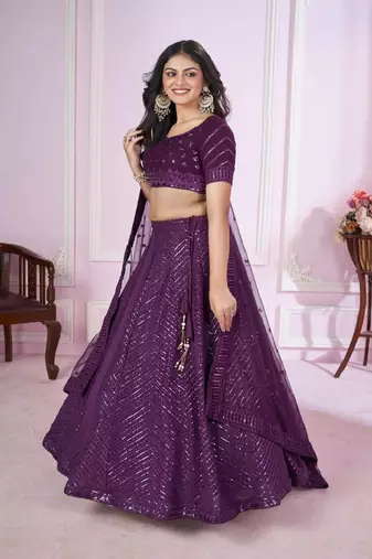 Purple embroidered georgette lehenga-choli