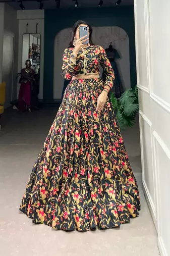 Black printed tusser silk lehenga-choli