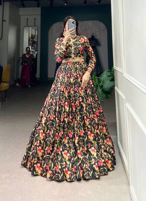 Black printed tusser silk lehenga-choli 3