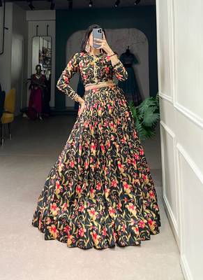 Black printed tusser silk lehenga-choli 4