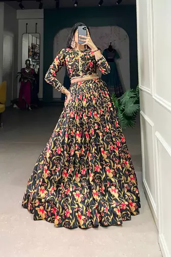 Black printed tusser silk lehenga-choli