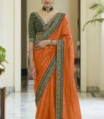 Mustard orange dori, zari & sequins embroidered organza party wear saree