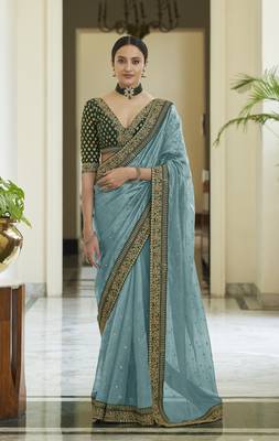 Sky blue dori, zari & sequins embroidered organza party wear saree 1