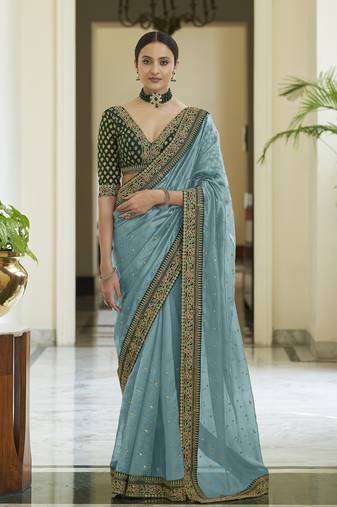 Sky blue dori, zari & sequins embroidered organza party wear saree