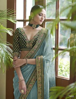 Sky blue dori, zari & sequins embroidered organza party wear saree 2