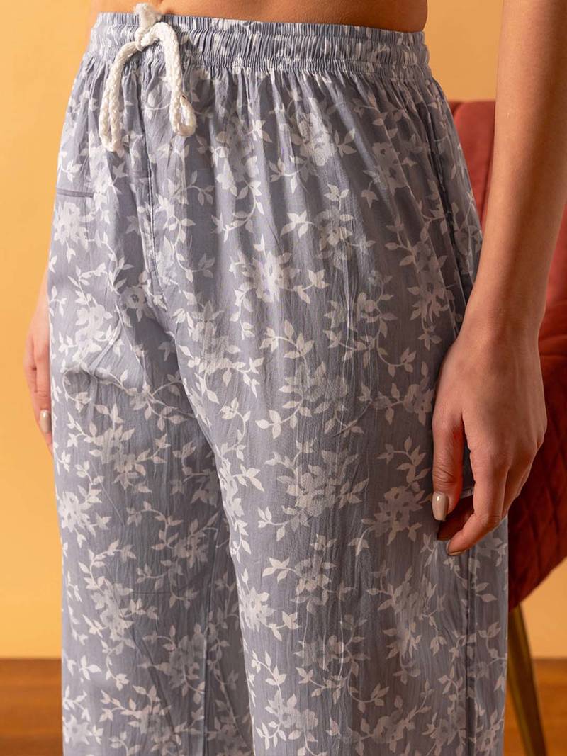 Hand Embroidered Floral Printed Grey Cotton Lucknowi Chikankari Women Co-Ord Set