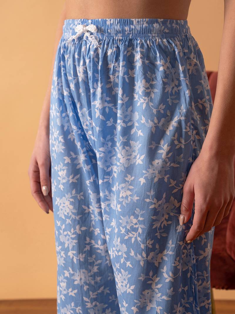 Hand Embroidered Floral Printed Blue Cotton Lucknowi Chikankari Womens Co-Ord Set