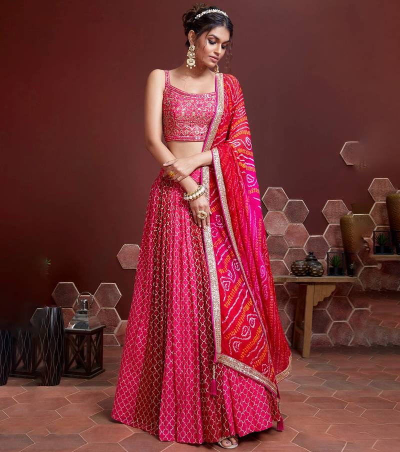 Gorgeous Pink Embroidered Silk Lehenga with Mirror Work Choli
