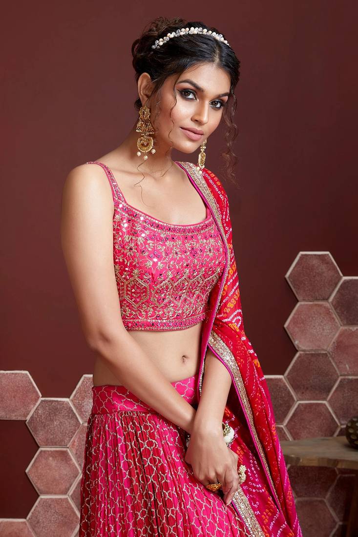 Gorgeous Pink Embroidered Silk Lehenga with Mirror Work Choli