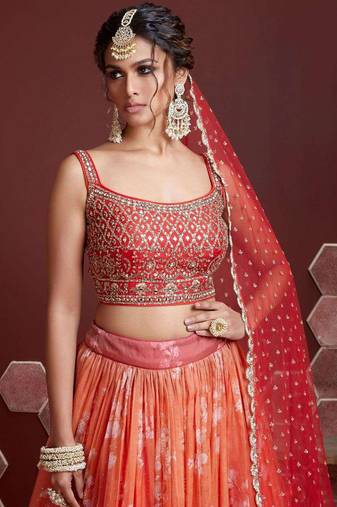 Gorgeous Orange Zari Embroidered Organza Lehenga Set